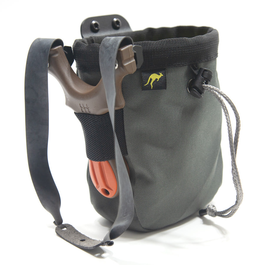 Joey Ammo Pouch on a belt with a slingshot holstered inside