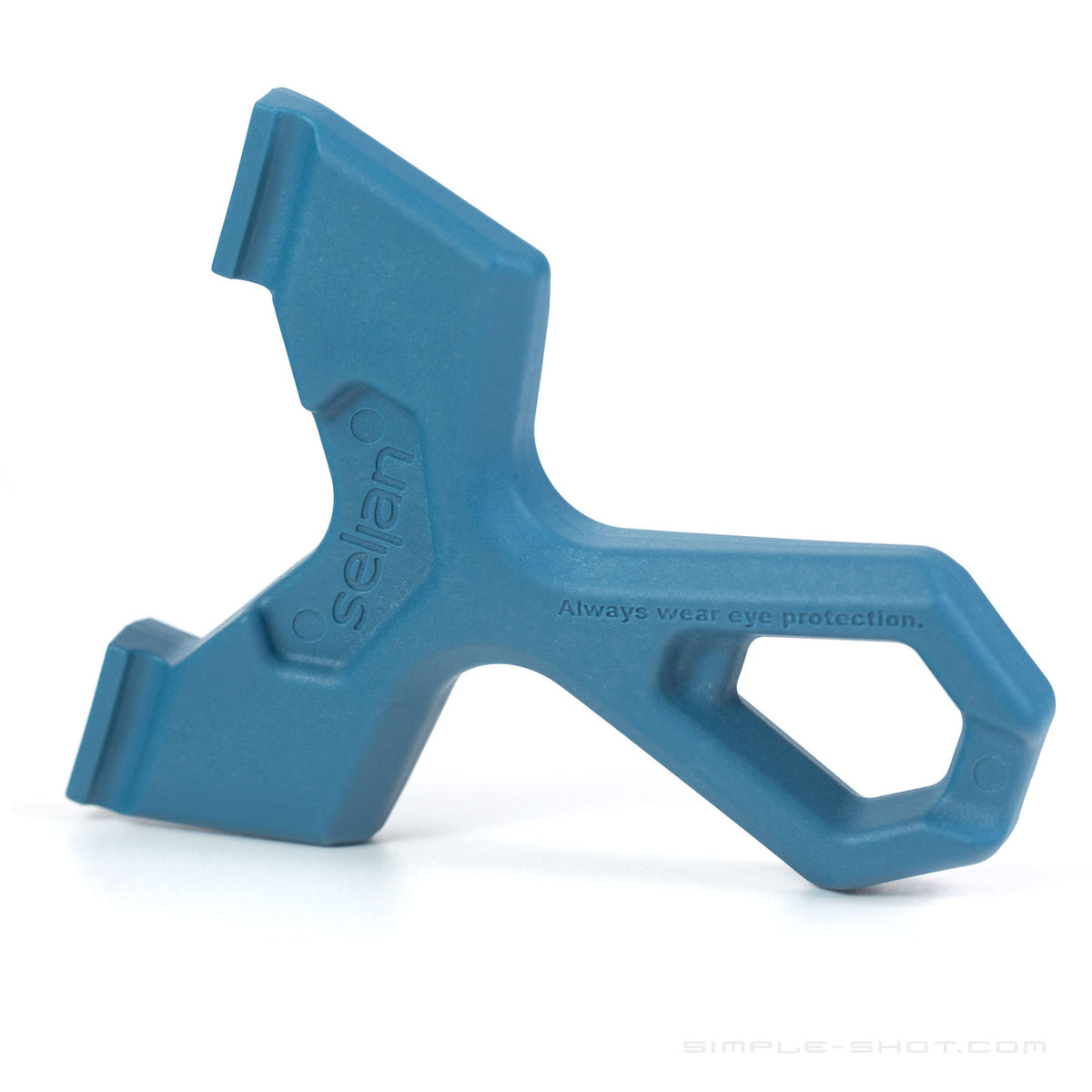 Blue Slant Roller slingshot without bands, angled on white