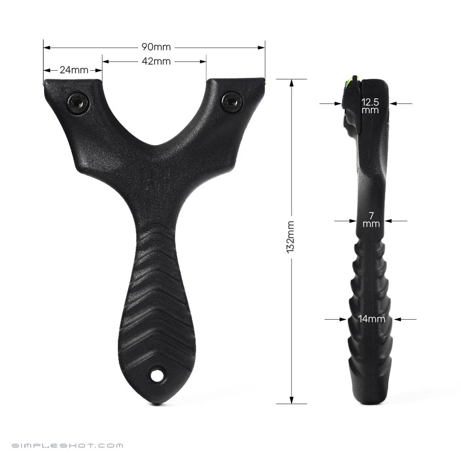 Axiom slingshot in black, front and side views with dimensions