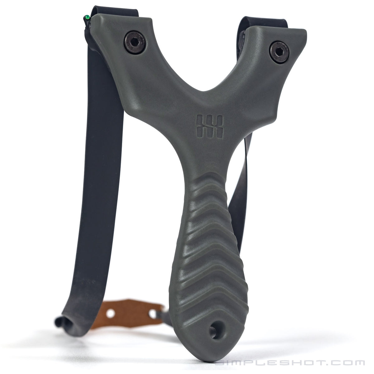 Axiom slingshot in slate gray with black flat bands, front view