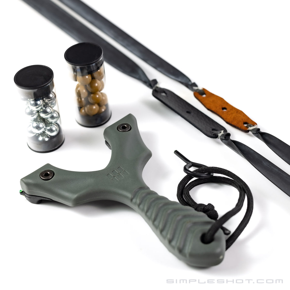 Axiom slingshot in slate gray with lanyard, steel and clay ammo tubes and flat bands