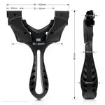 Axiom X slingshot in black, front and side views with dimensions