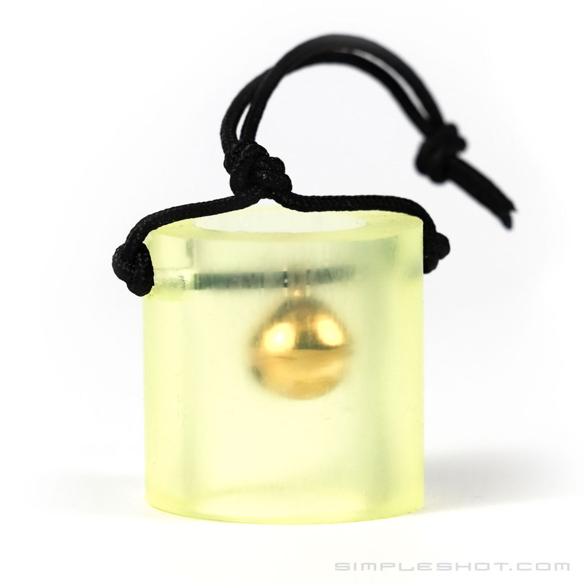 Bell Target, brass bell inside a clear yellow tube on a black cord
