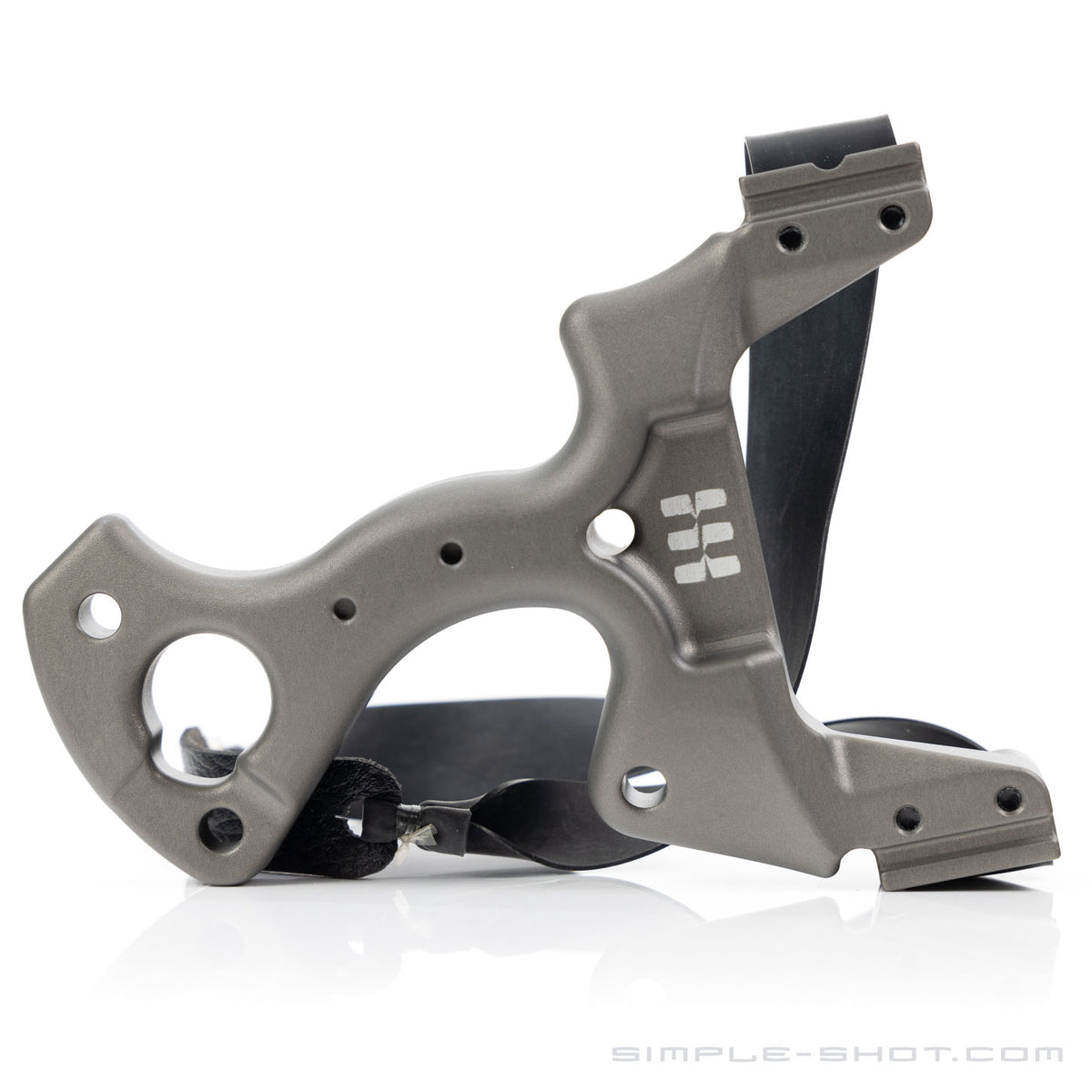 Cleaver PRO slingshot in gray with black flat bands, angled view