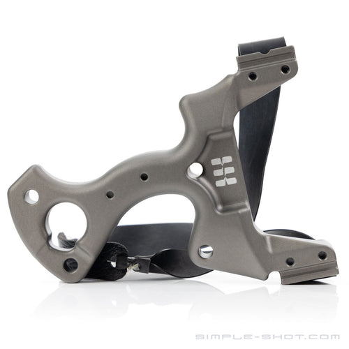 Cleaver PRO slingshot in gray with black flat bands, angled view
