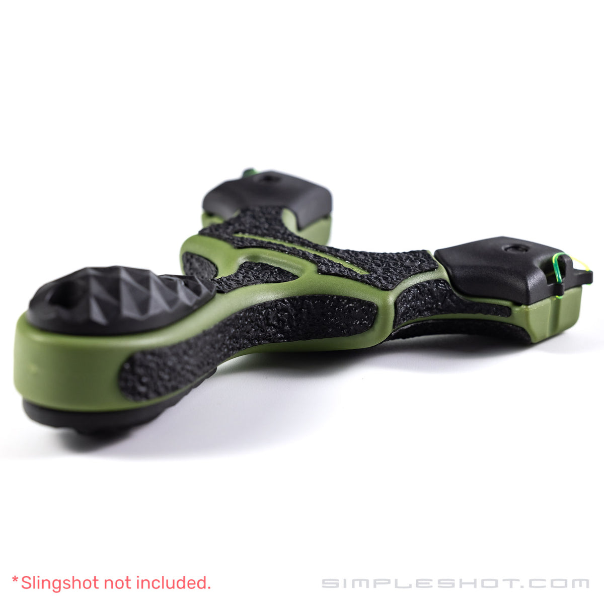 Custom-Cut Slingshot Grips in black installed on a green slingshot frame, top view
