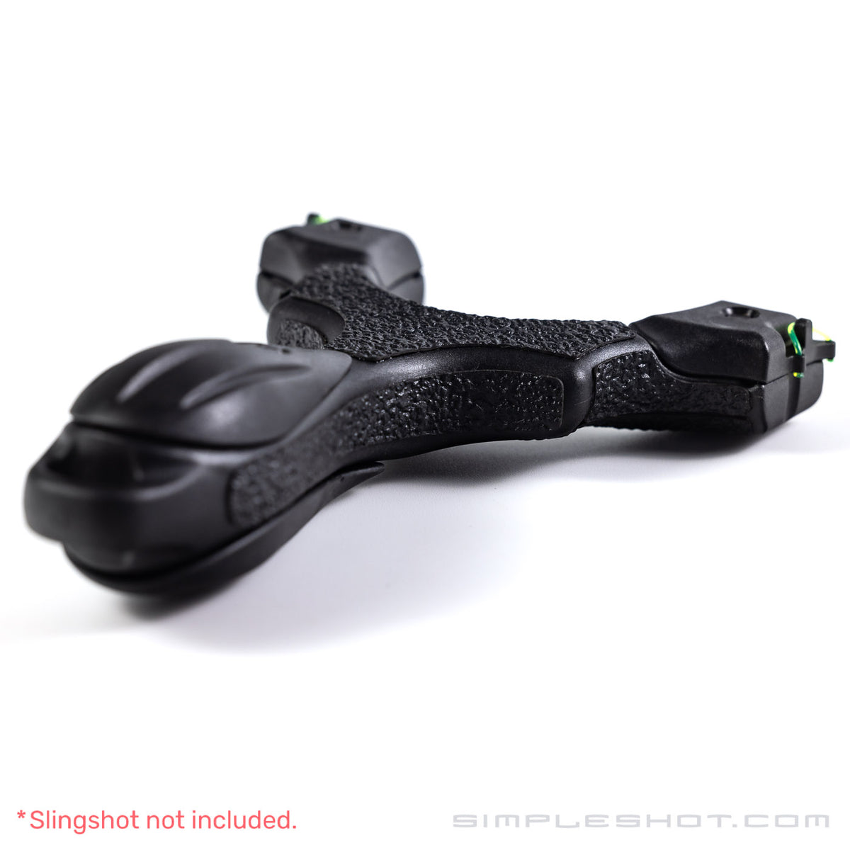 Custom-Cut Slingshot Grips in black on a black slingshot frame, angled view