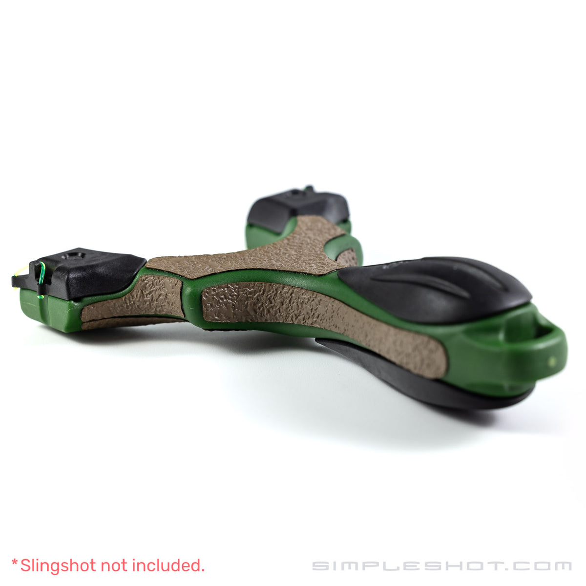 Custom-Cut Slingshot Grips in tan installed on a green slingshot frame, side view
