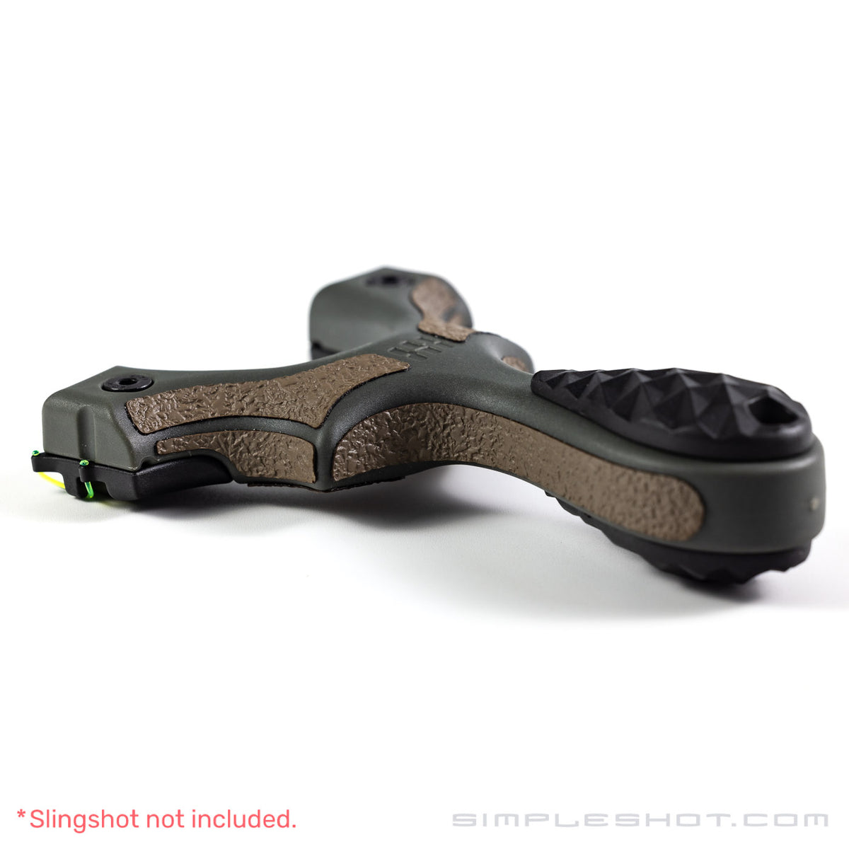Custom-Cut Slingshot Grips in tan on a gray slingshot frame, side view
