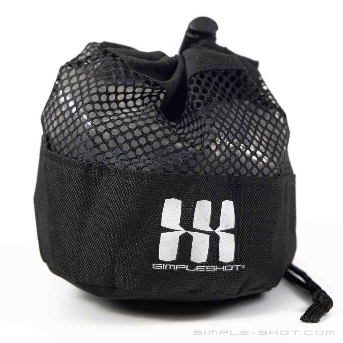 Mesh Ammo Bag in black with SimpleShot logo, front view
