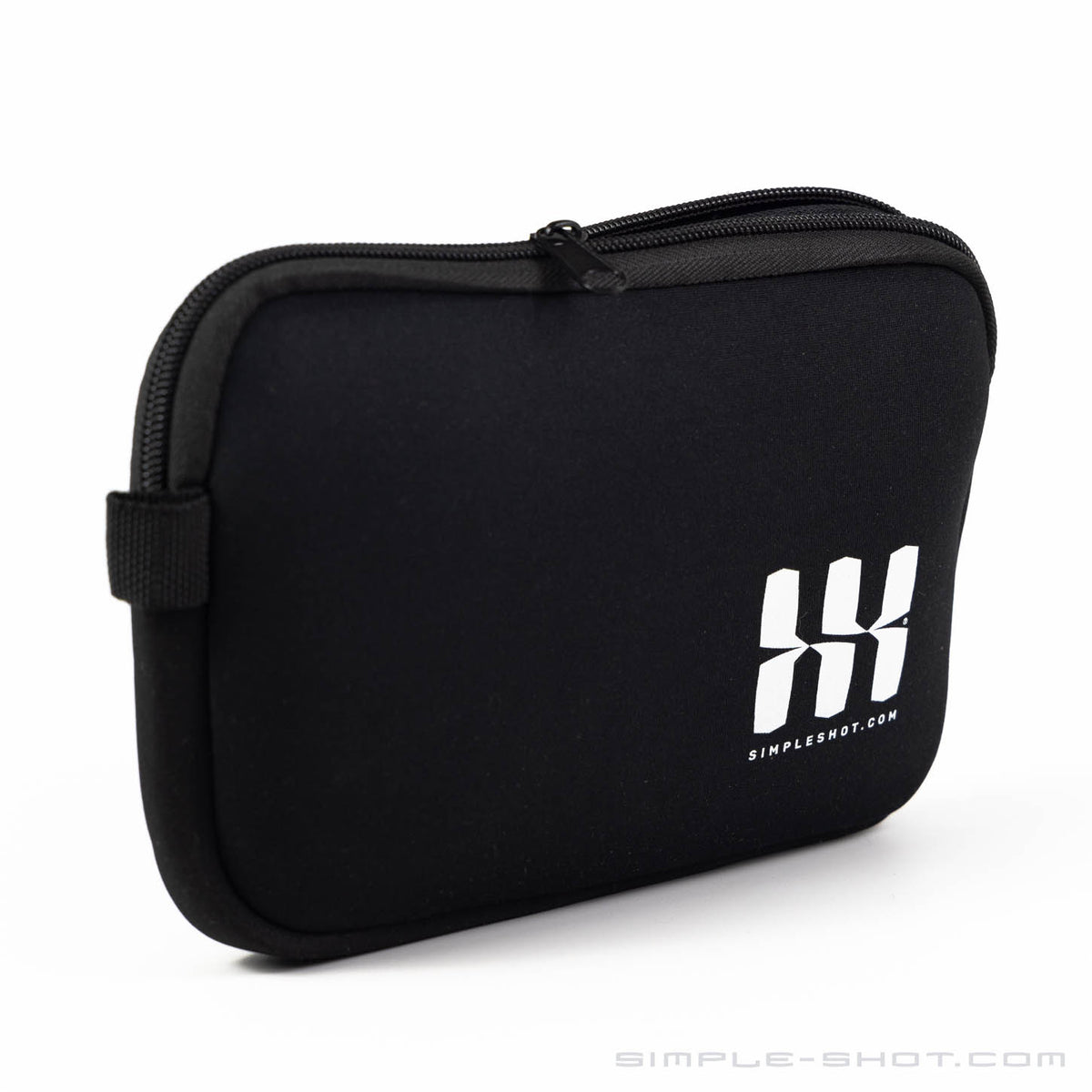 Neoprene Slingshot Pouch in black, zipped, front view