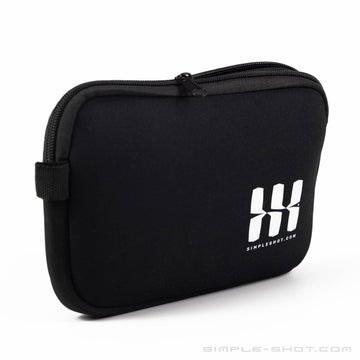 Neoprene Slingshot Pouch in black, zipped, front view
