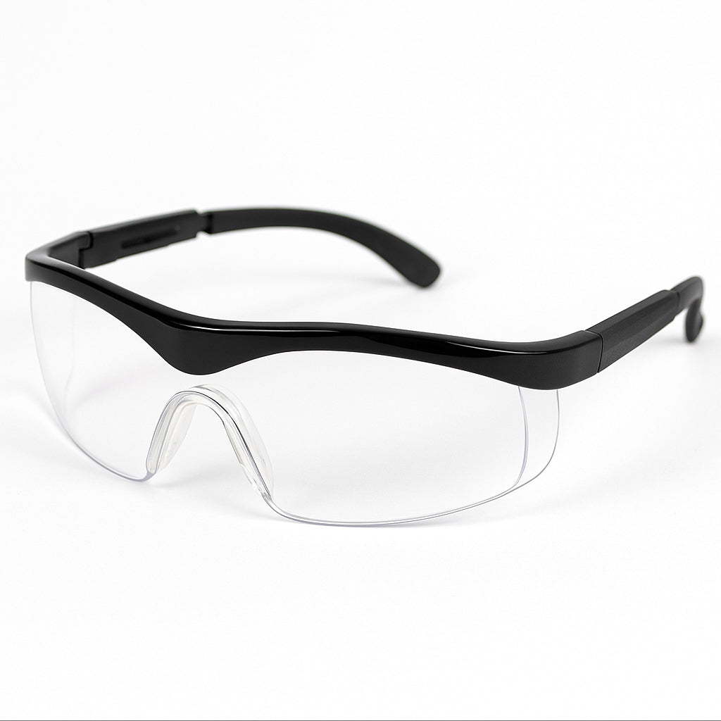 Safety Glasses with clear lenses and black frame, front angle