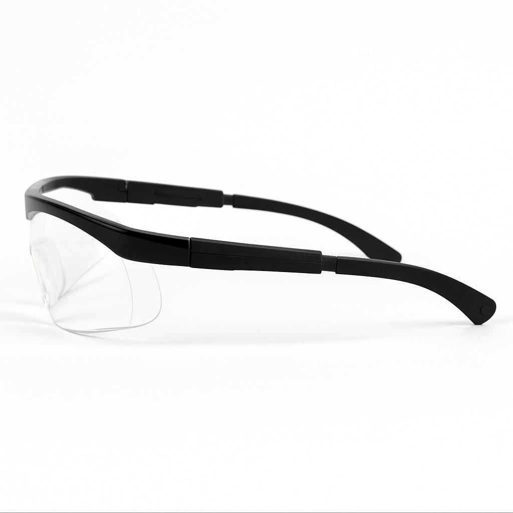 Safety Glasses with clear lenses and black frame, side view