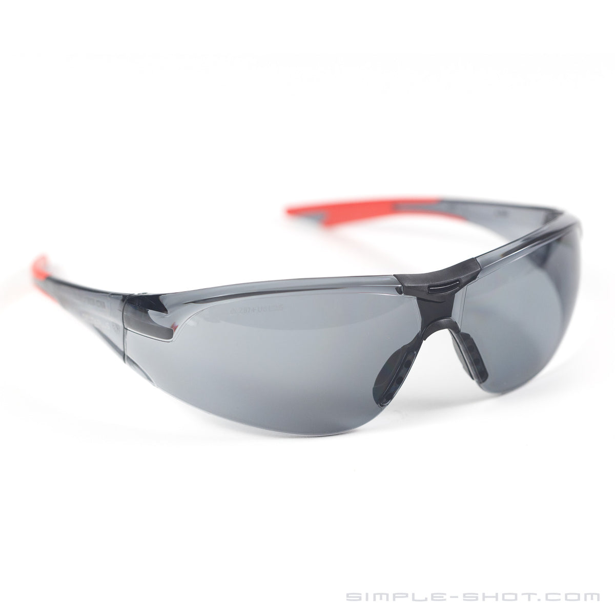 Safety Glasses with gray tinted lenses and red temple accents