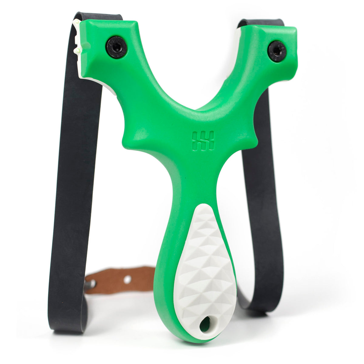 Scout LT2 Magnolia Edition slingshot in bright green with white scales and clips and black flat bands, front view