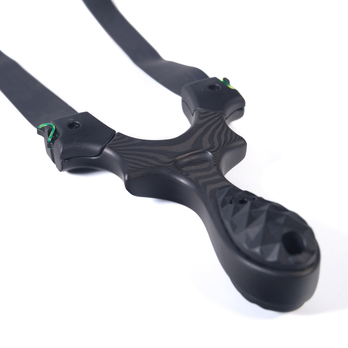 Scout LT2 PRO Carbon Fiber slingshot with flat bands, angled view