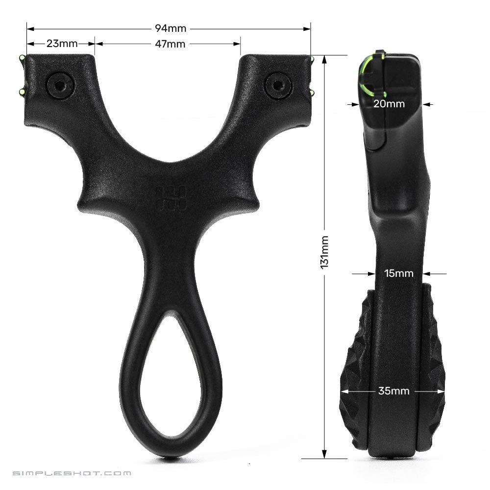 Scout LT2 slingshot in black, front and side views with dimensions