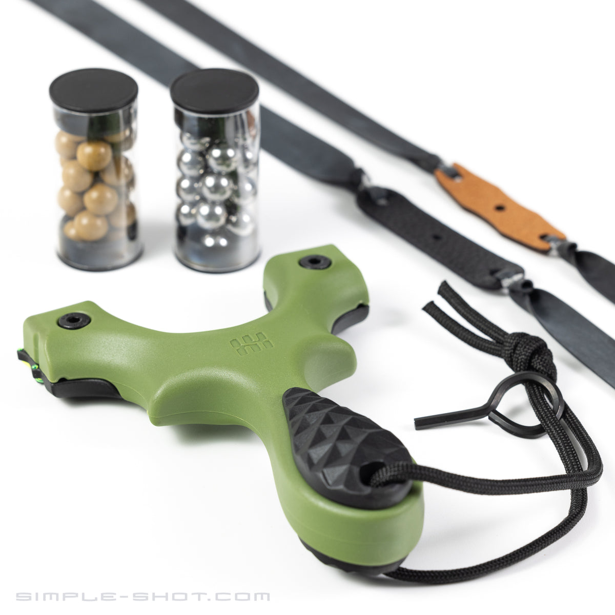 Scout LT2 slingshot in green with lanyard, steel and clay ammo tubes and flat bands