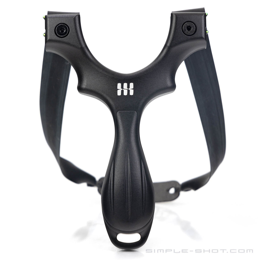 Scout X PRO slingshot in black with black flat bands, front view