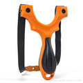 Scout X slingshot in orange with black grip and flat bands, front view