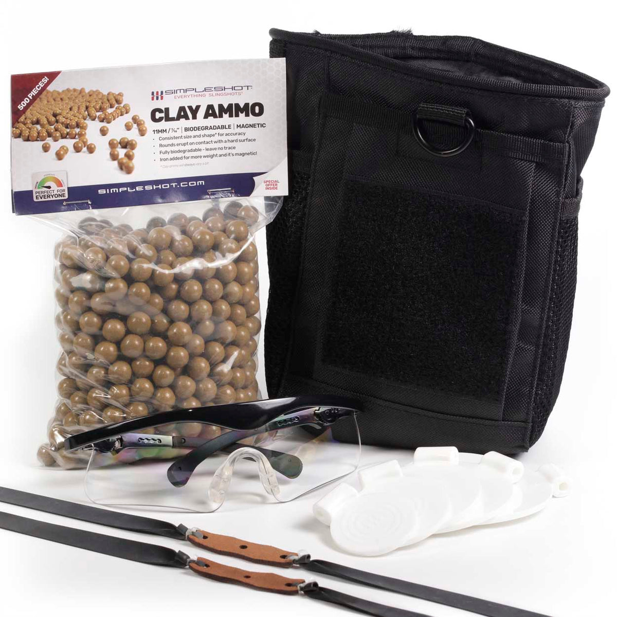 Clay ammo, carry bag, safety glasses, spinner targets, and two clay bandsets