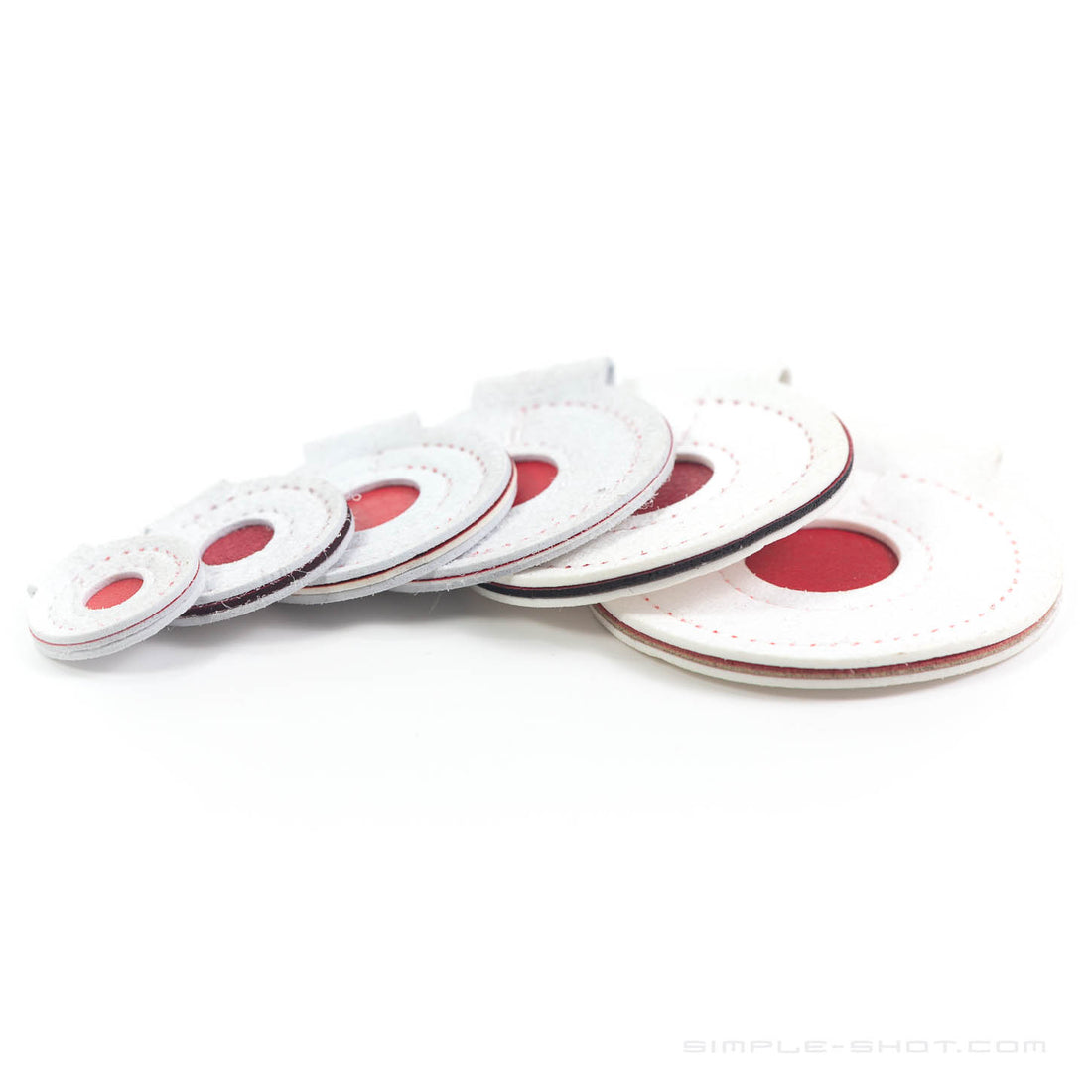 Microfiber Spinner Targets, white targets with red centers fanned out