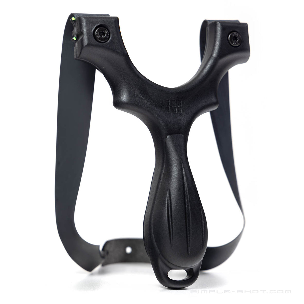 Scout X slingshot in black with black flat bands, front view