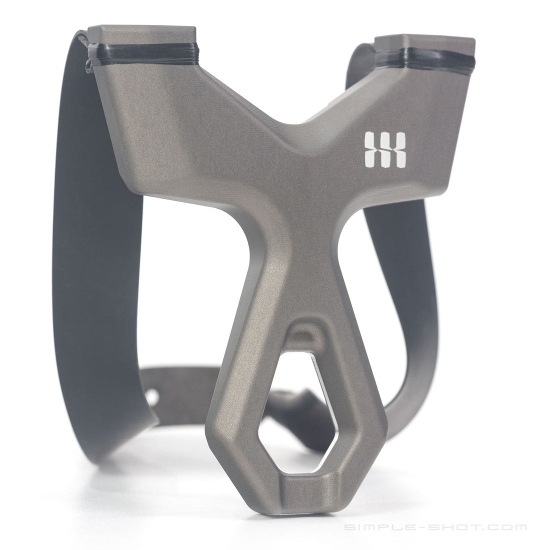 Slant Roller PRO slingshot in gray with black flat bands, front view