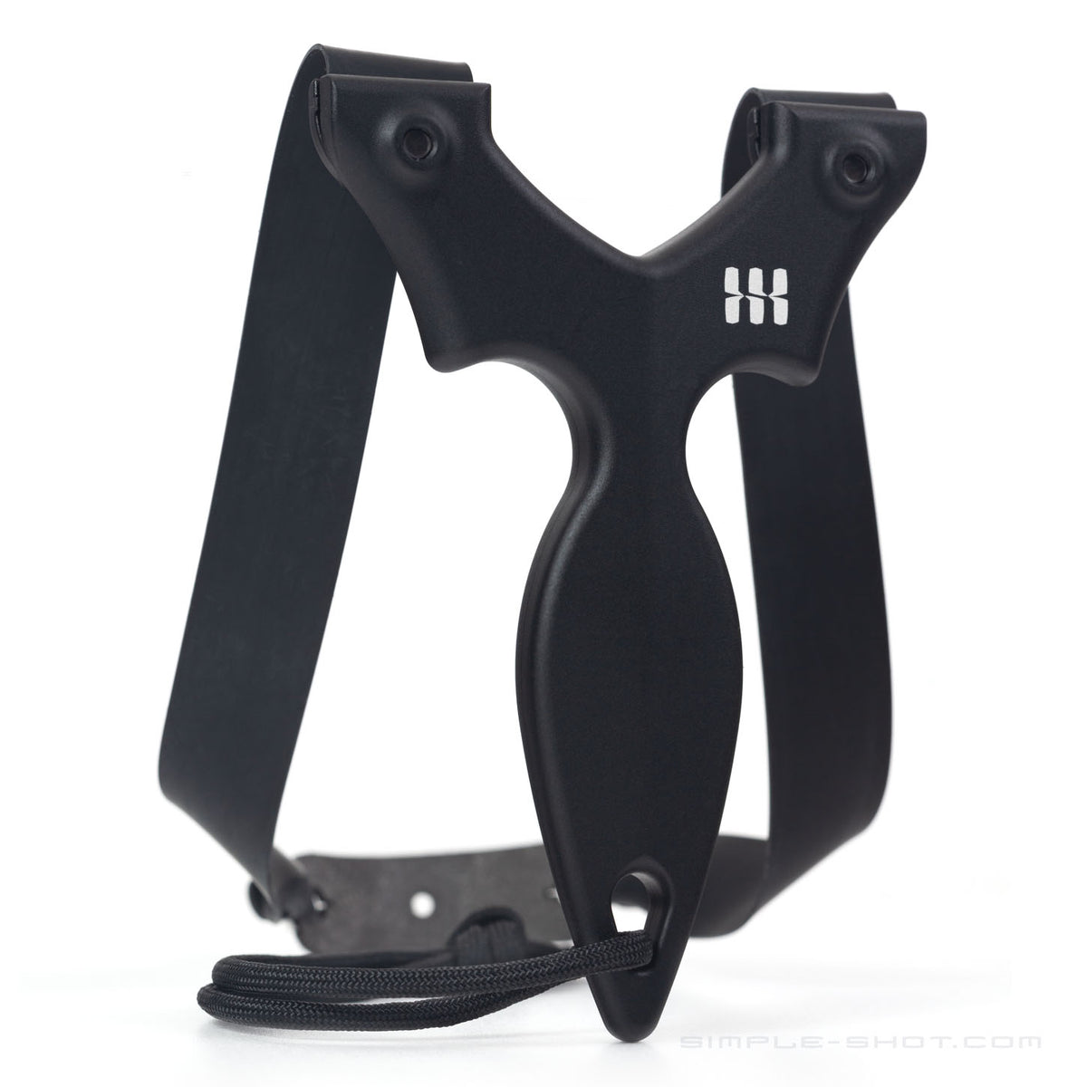 Stylus Keeper PRO slingshot in black with flat bands and lanyard, front view