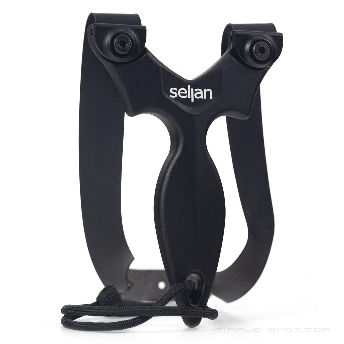 Stylus Keeper PRO slingshot in black with Seljan logo, flat bands and lanyard