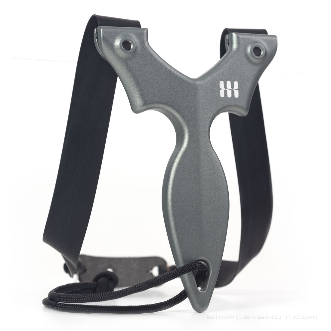 Stylus Keeper PRO slingshot in gray with black flat bands and lanyard, front view