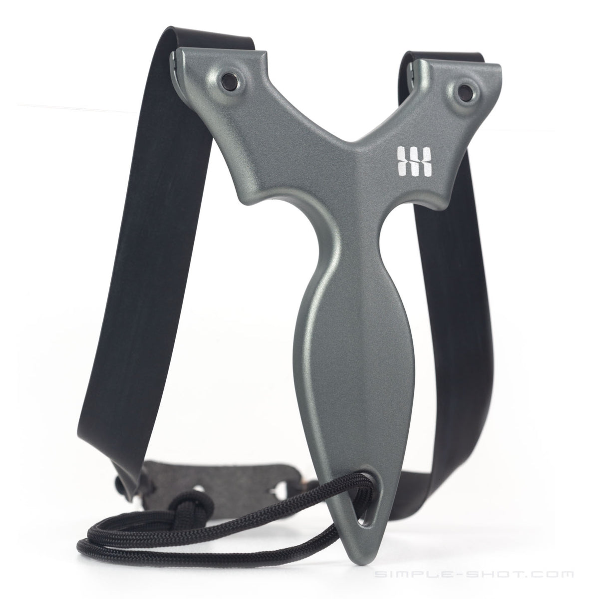 Stylus Keeper PRO slingshot in gray with black flat bands and lanyard, front view