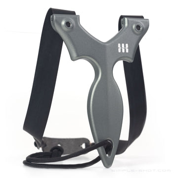 Stylus Keeper PRO slingshot in gray with black flat bands and lanyard, front view